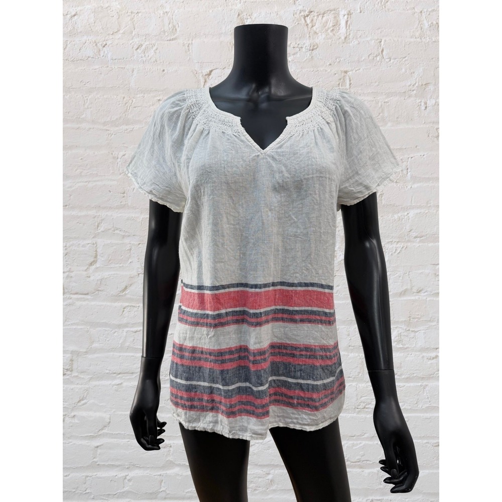Talbots Petite MP 100% Linen Blouse Striped Short Sleeve Summer Top White Red Bl